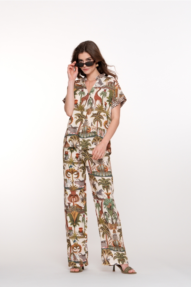 STRAIGHT LEG PANTALON MET PRINT 51355 70 000010 OFF WHITE/GREEN COMBI